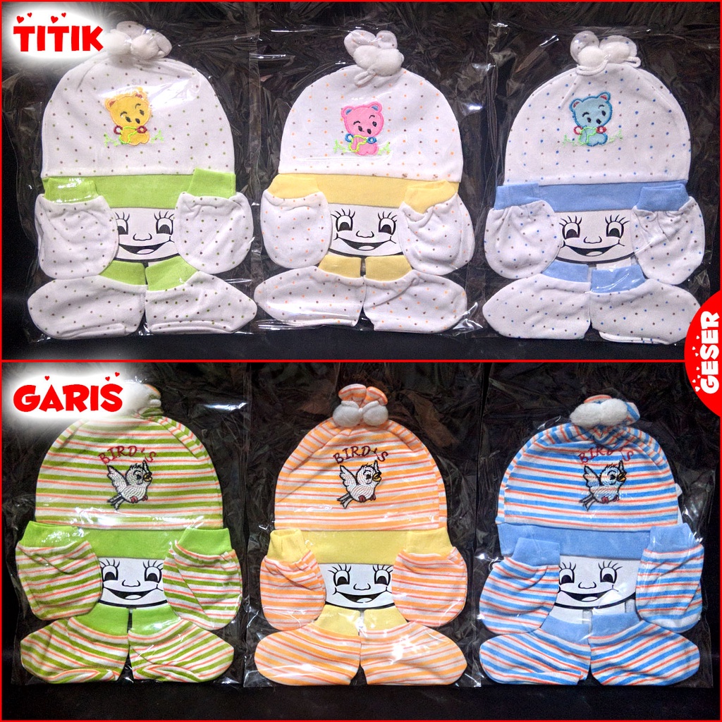 SET PAKAIAN BAYI NEW BORN 4 IN 1 / Topi Kupluk Sarung Tangan Kaki Celemek Slaber Motif Lucu Murah