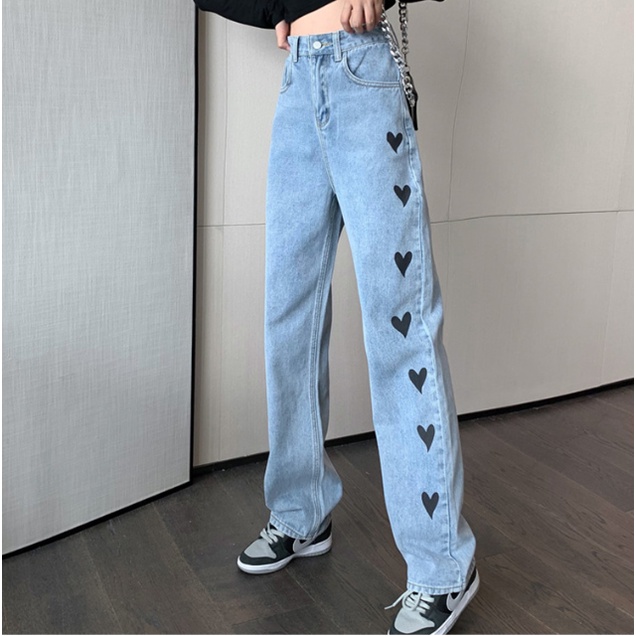 LOVE High-waist Lurus-kaki Celana Jeans Wanita