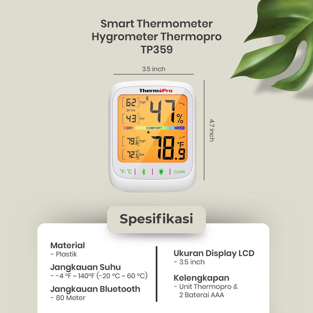 SMART THERMOMETER HYGROMETER HUMIDITY W/ BLUETOOTH 80M THERMOPRO TP359