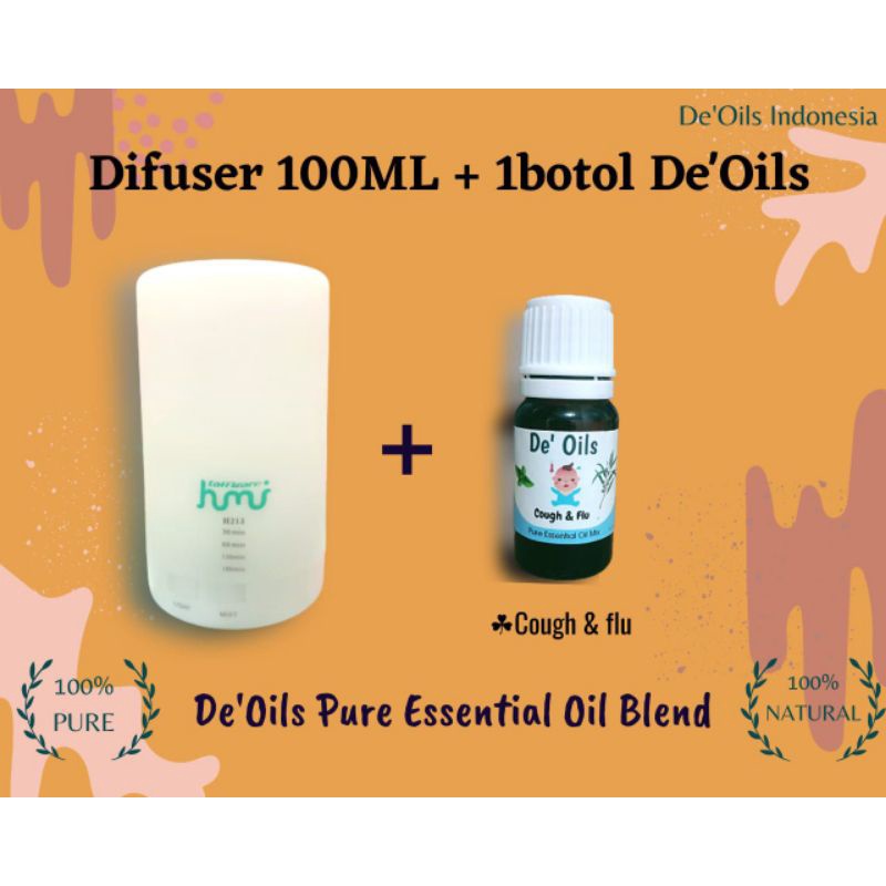 Difuser Humidifier 100ml + De'Oils Essential Oil Murni for baby Pure Essential Oil Imune Booster