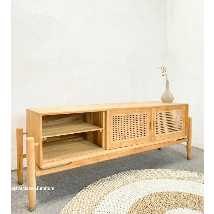 BUFET TV SLEDING SCANDINAVIA MINIMALIS RETRO CABINET PAJANGAN ROTAN DRAWER KAYU JATI GRADE A BERKUALITAS EXPORT MURAH FINISHING NATURAL BLEACHING FURNITURE JEPARA-2