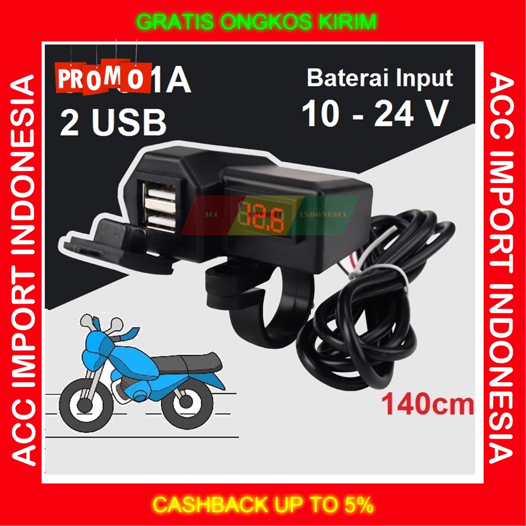Charger HP Sepeda Motor Motorcycle Digital Voltmeter 2 USB Universal