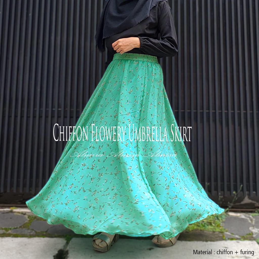 Rok Panjang Wanita Payung Muslimah  Sifon Flowery Chiffon Umbrella Skirt Bunga Griyaraditya Almira