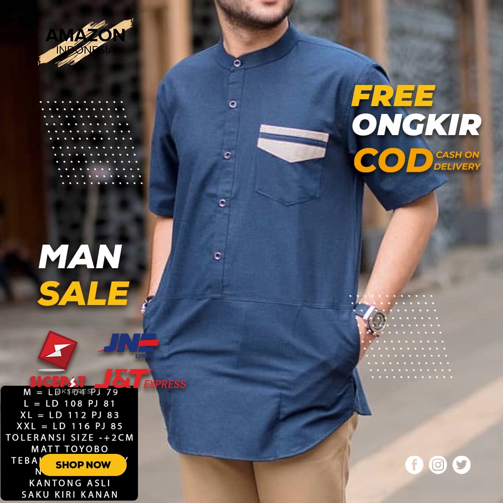 KOKO PRIA MUSLIM BAJU KOKO TRENDY LENGAN PENDEK WARNA NAVY BAHAN KAIN KATUN TOYOBO PREMIUM SERAP KERINGAT