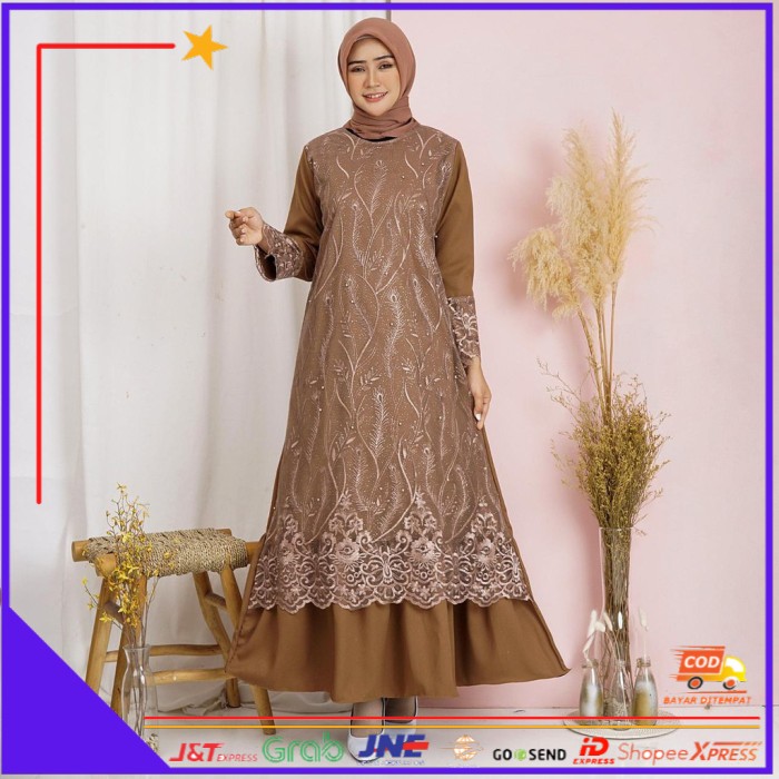 ❤BISA COD❤ Gamis Pramitha 8 WARNA Brukat Tille Maxi Dress Gamis Pesta Lebaran - Coklat Tua