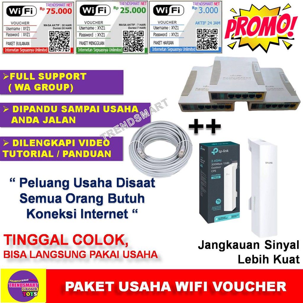 PAKET USAHA WIFI VOUCHER VOCER HOTSPOT INTERNET GSM RT RW NET LENGKAP MIKROTIK RB951UI-2HND CPE 220