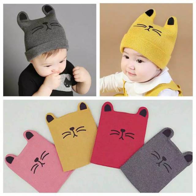  TOPI  KUPLUK  RAJUT BAYI TELINGA KUCING STRIPES TOPI  