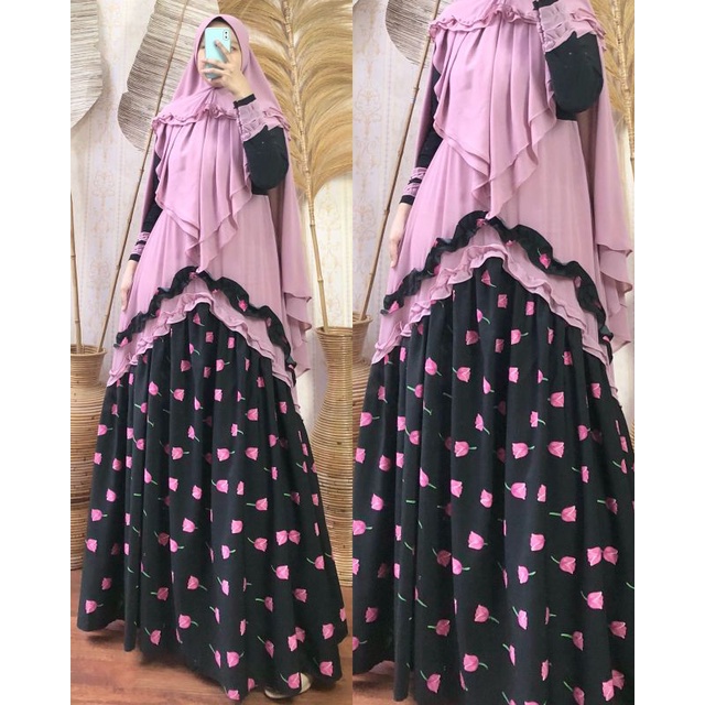 gamis syari romantic set khimar rempel cantik keren unik lucu ceruty babydoll premium motif dusty pi