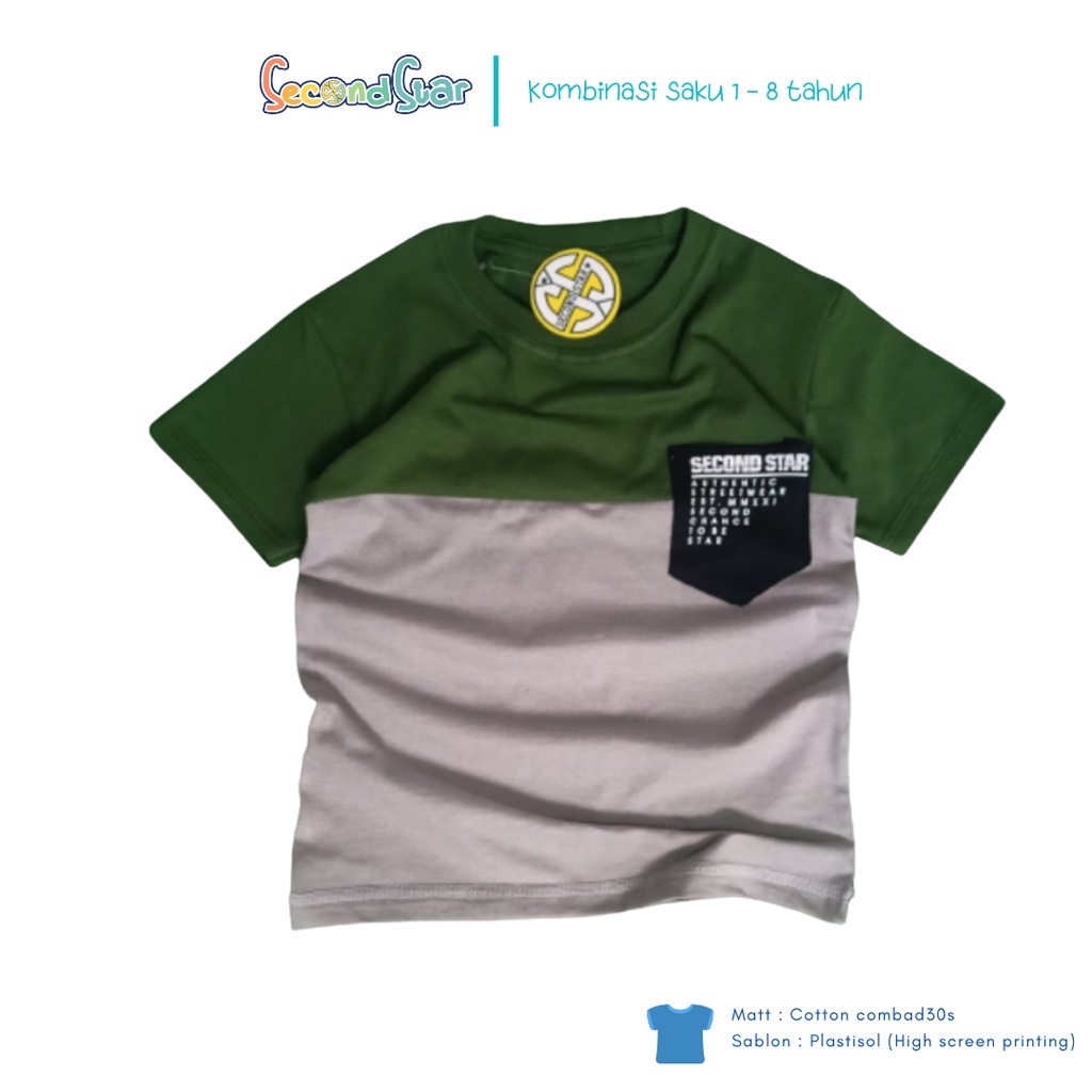 Secondstar baju anak laki laki perempuan unisex Kaos oblong kombinasi saku warna army abu 1-8 tahun