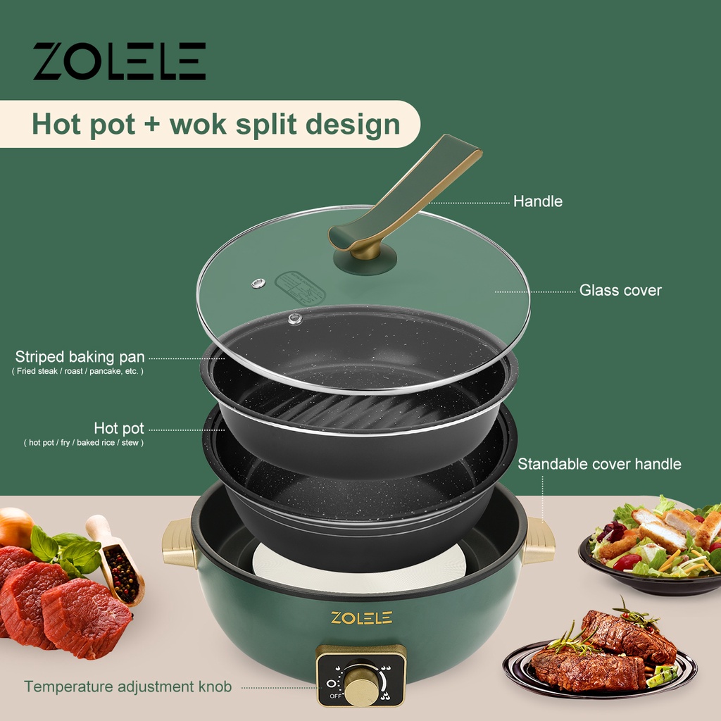 ZOLELE Panci Listrik Serbaguna Besar 6L Elektrik Cooker 3-Layer Portable Penanak Nasi Food Processor Pot Deep Fryer Steamer Non-stick Peralatan Dapur Panci Kukus Panci Rebus Mengukus Menggoreng Merebus Home Kitchen ZC300