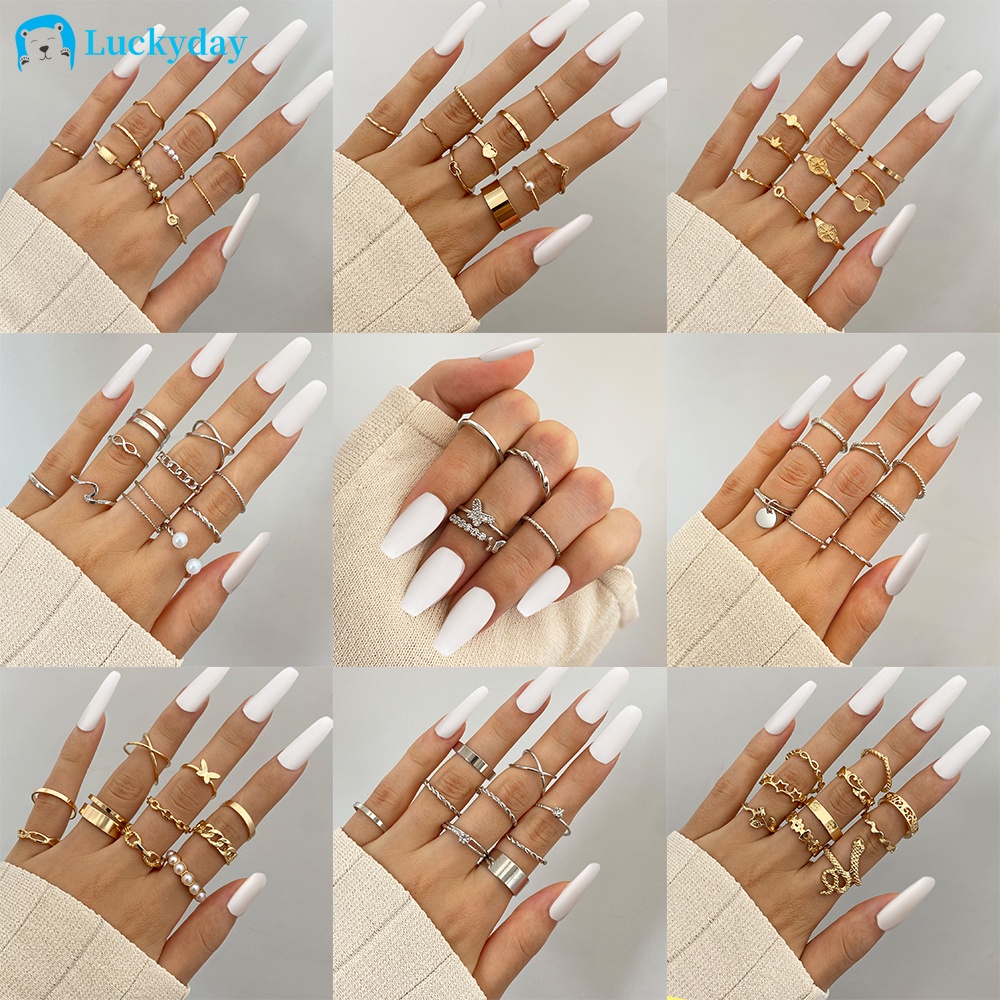 YEEZII 10pcs / Set Cincin Rantai Ular Butterfly Hias Mutiara Berlian Gaya Korea Untuk Pasangan