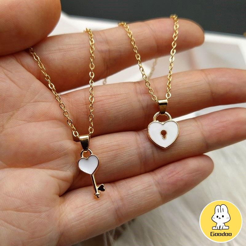 2 Pcs Fashion Wanita Trendi Kunci Liontin Link Rantai Kalung Hati Pasangan Pecinta Kalung -Doo