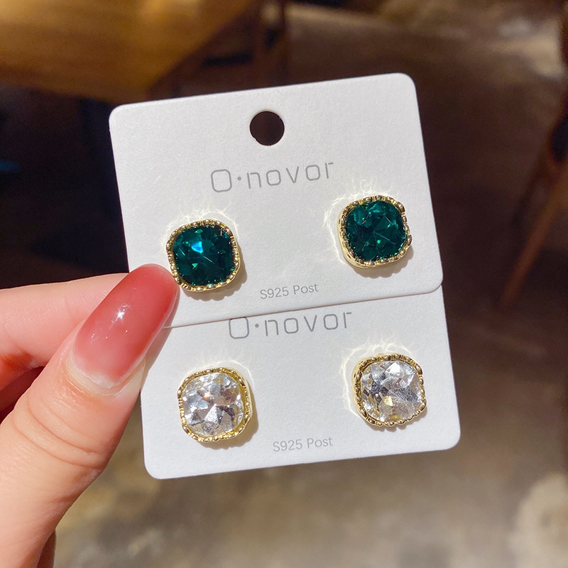 Anting Tusuk Sterling Silver 925 Desain Persegi Hias Berlian Gaya Korea Untuk Wanita