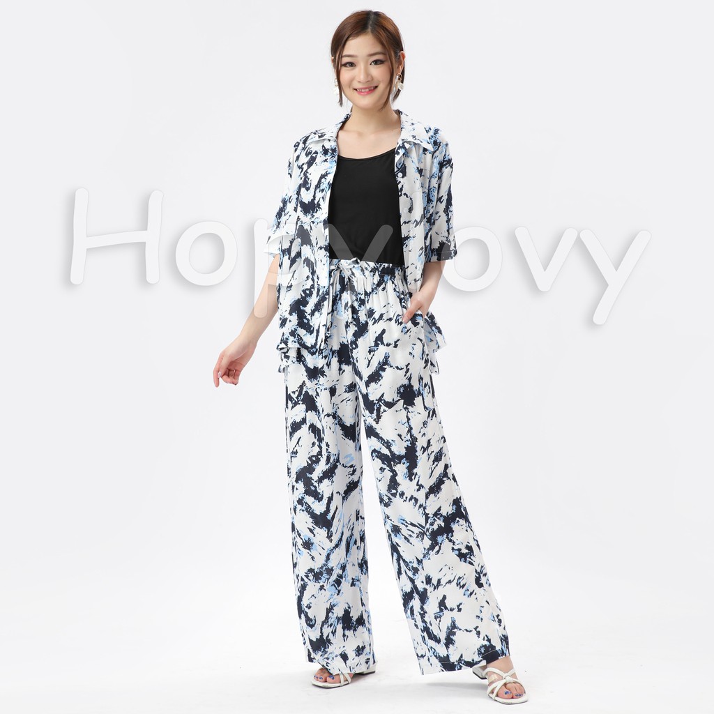 HOPYLOVY - Setelan Wanita Kemeja dan Celana Panjang Motif Tie Dye Kyodai Premium