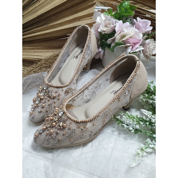 sepatu wanita wedding sasmita cream gold 5cm lncip