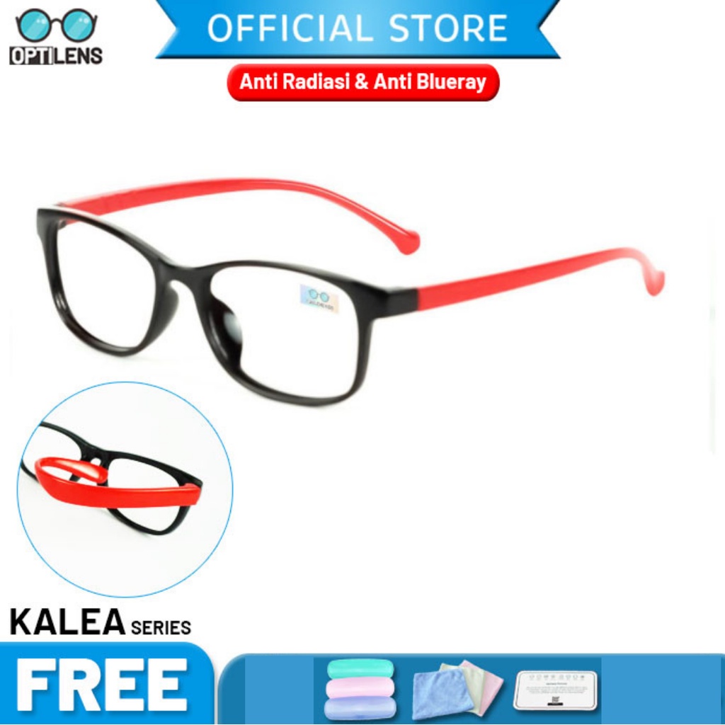 Optilens - Aluna Series Kacamata Anak Anti Radiasi Hp Komputer Antiradiasi Frame Elastis-Kalea Merah Hitam