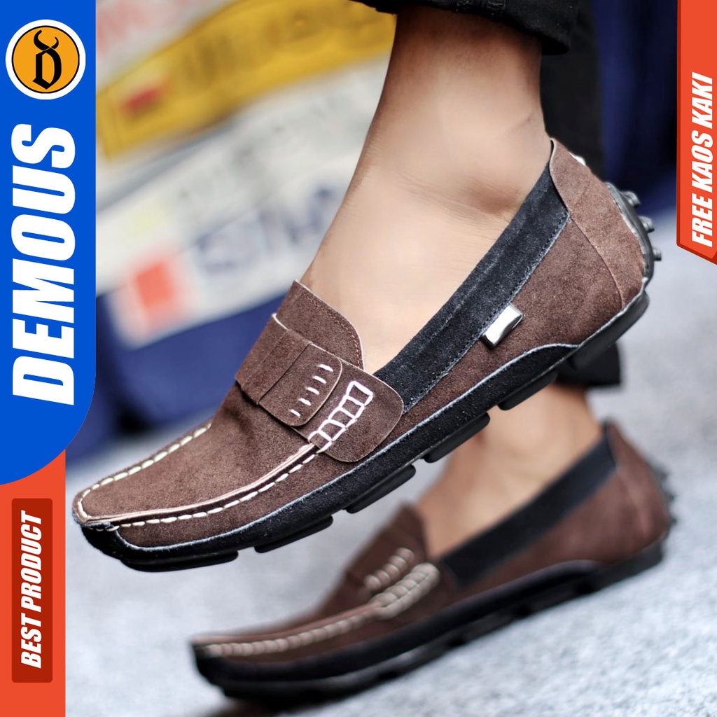 DEMOUS AHARON Sepatu Slip On Casual Slop Kulit Suede Kasual Selop