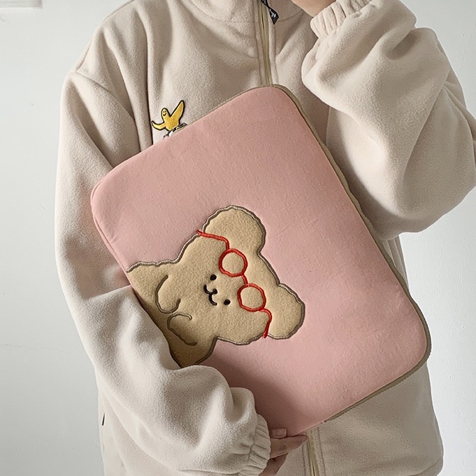 Sleeve Pouch Sarung Tas Bag Case Ipad Tab Tablet Macbook Air Pro Laptop Asus Acer Lenovo HP Huawei 11 12 13 14 15 inch Motif Gambar Beruang Bear Warna Pink Lucu Cute Murah Korean Model