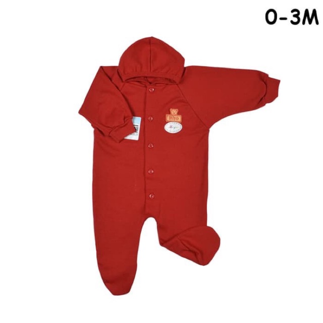 Baju kodok topi tutup kaki Miyo merah putih sleepsuit hoodie newborn baby / pakaian manyue baptis