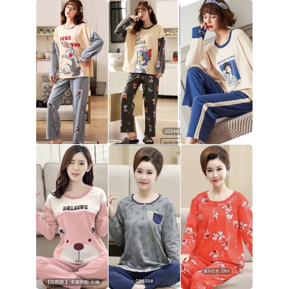 Baju tidur piyama lengan panjang celana panjang bahan kaos import tebal