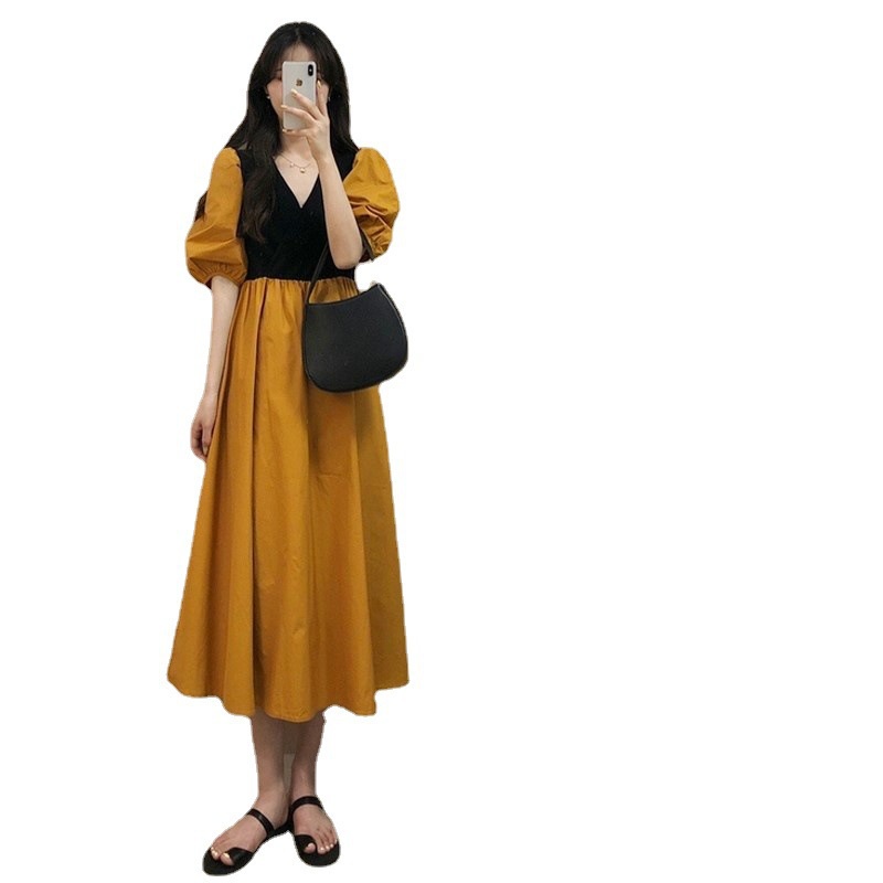 #Sisjuly# Wanita kasual ringan dan akrab gaya Hong Kong retro lengan pendek desain rok besar gaun Pr