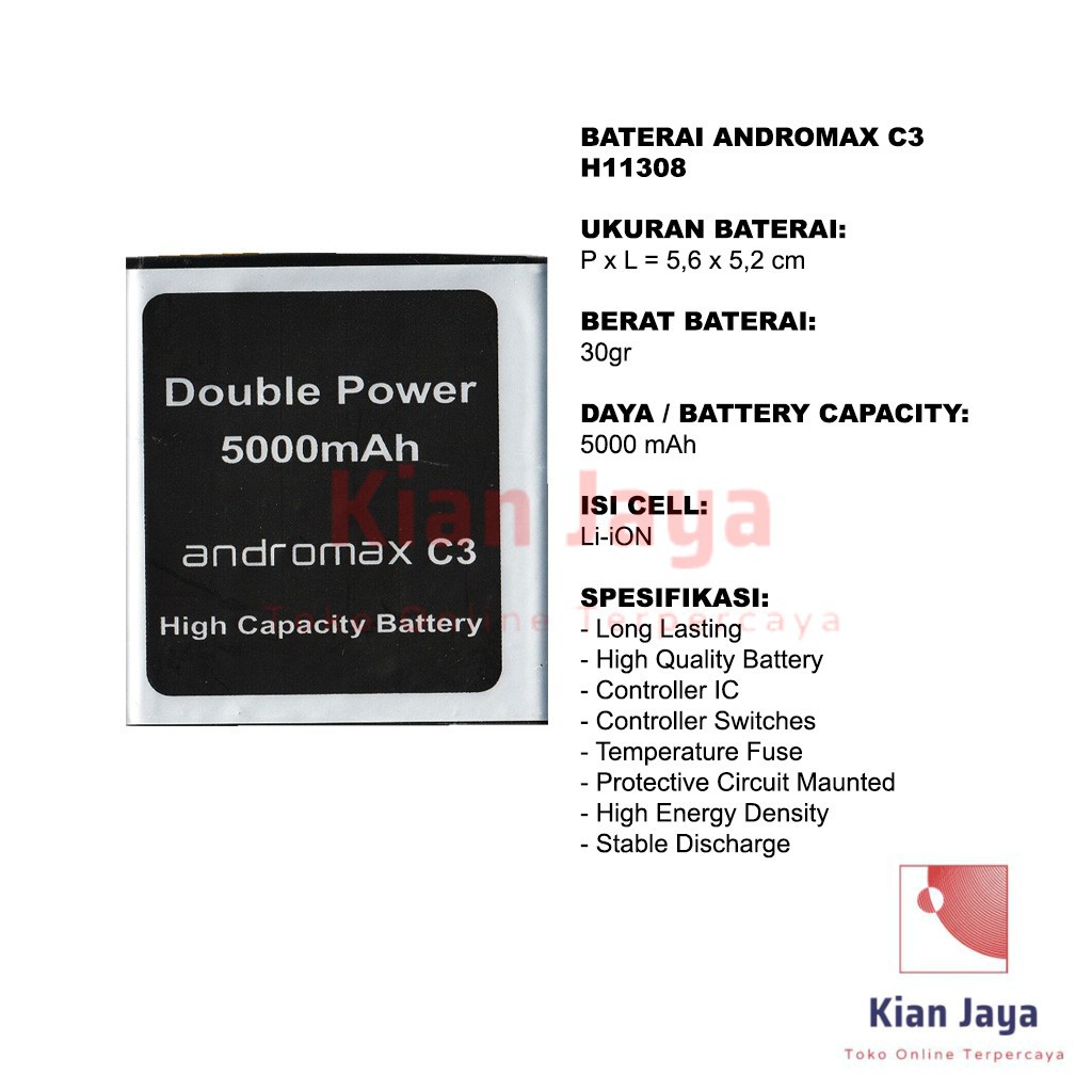 Baterai Hp Smartfren Andromax C3 / H11308 Original Batre Batrai Battery Double Power