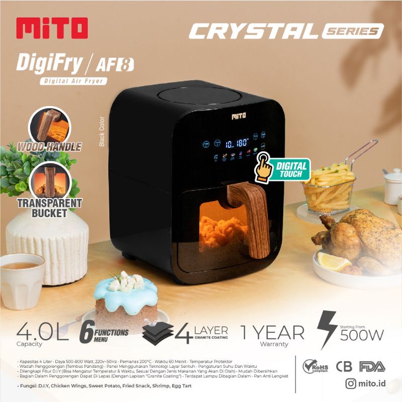 MITO Crystal Air Fryer AF8 AF 8 menggoreng PENGGORENGAN TANPA MINYAK KAPASITAS 4 LT MITOCHIBA ORIGINAL GARANSI RESMI wadah TRANSPARAN low watt