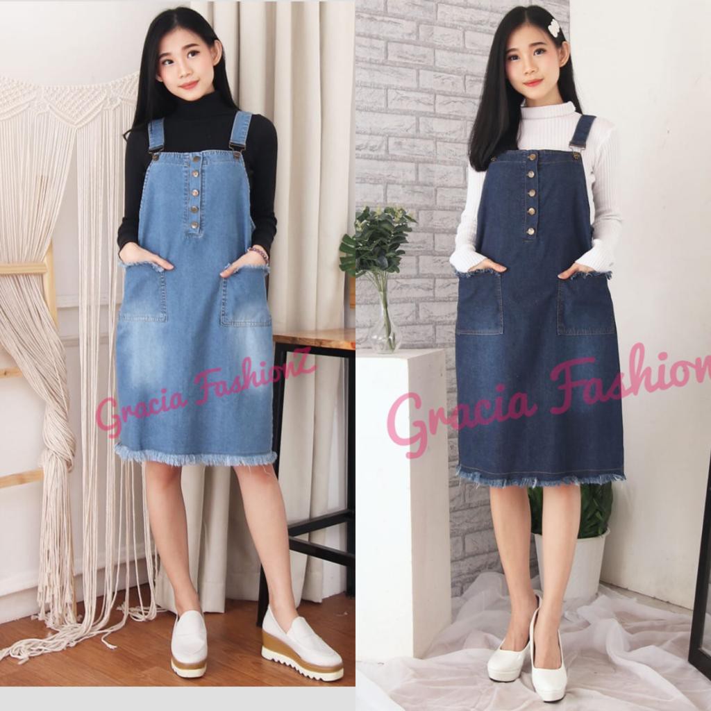 DRESS JEANS DENIM WANITA MIDI OVERALL 2 KANTONG
