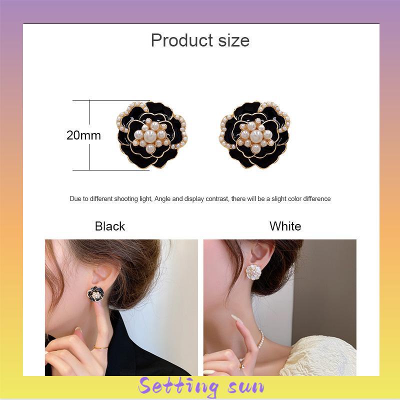 925 anting-anting mutiara Camellia Retro anting-anting bunga berlian TN