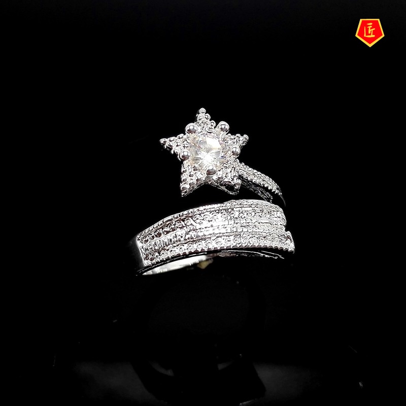 [Ready Stock]Silver Fashion Luxury Five-Pointed Star Diamond-Studded Ring