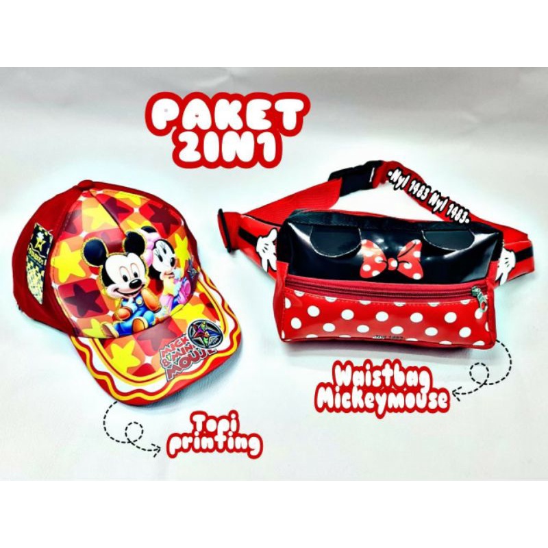 Paket 2in1 tas selempang bahu waistbag anak + topi full print motif kartun lucu