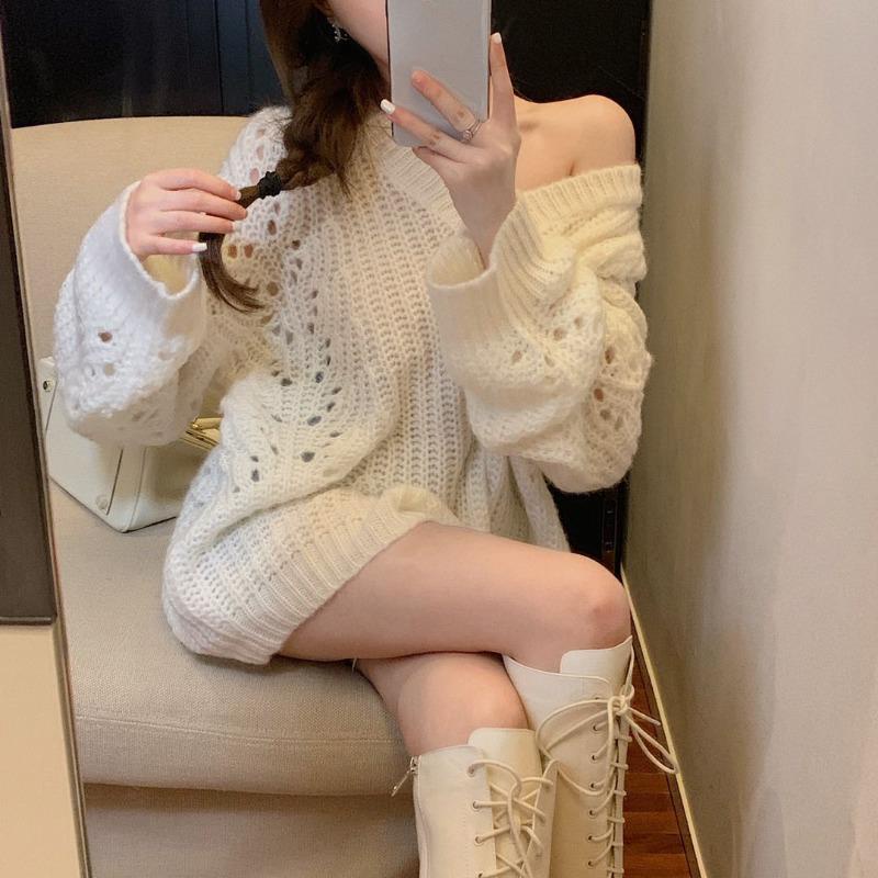 Sweater Wanita Lubang Robek Angin Malas Longgar Pakaian Luar Pullover Jepang Retro Rajutan Sweater T