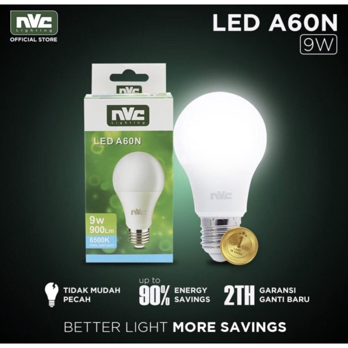 NVC A60N Bohlam Bola Lampu LED 9W 9 Watt Cahaya Warna Putih 6500K