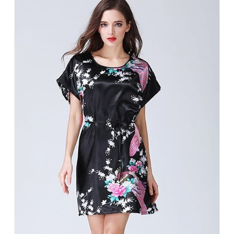 Baju Tidur Daster Satin Korea Fashion MERAK Wanita Peacock Babydoll Fashion Silk Sleepwear-HITAM