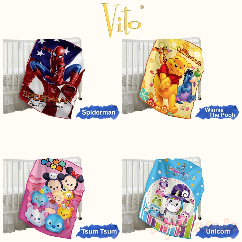 Selimut Bulu Vito Kids Sutra Panel 100x140 Motif Karakter Anak Spiderman Keroppi Circus Pooh Cars Fr