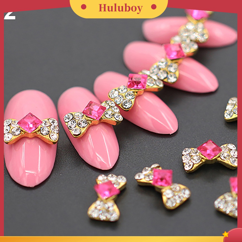 Huluboy Huluboy♡ 10pcs Stiker Kuku 3D Bentuk Pita Bahan Alloy Dengan Glitter Berlian Imitasi