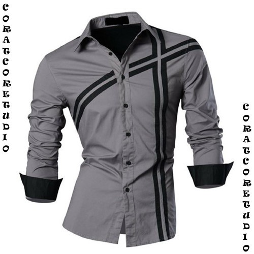 ( S M L XL ) Kemeja Pria Lengan Panjang Sablon Garis PUTIH HITAM ABU BIRU MERAH - CORATCORETUDIO