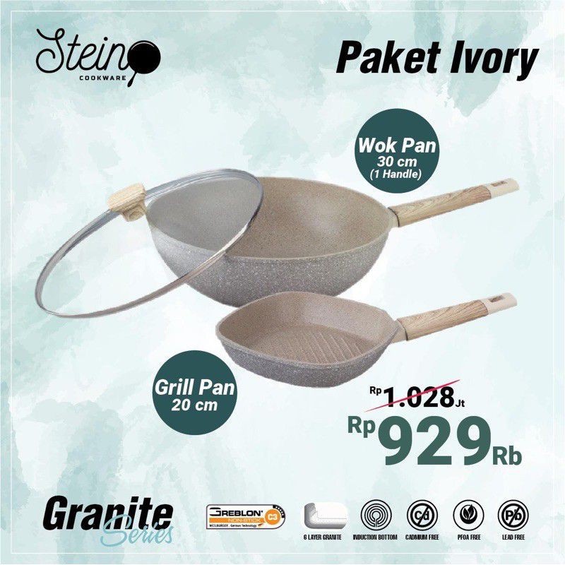 STEIN STEINCOOKWARE PAKET IVORY GRANITE SERIES COATING GERMAN GREBLON ORIGINAL ( wok pan 30 cm dan grill pan 20 cm ) FREE FLIPPER STEIN