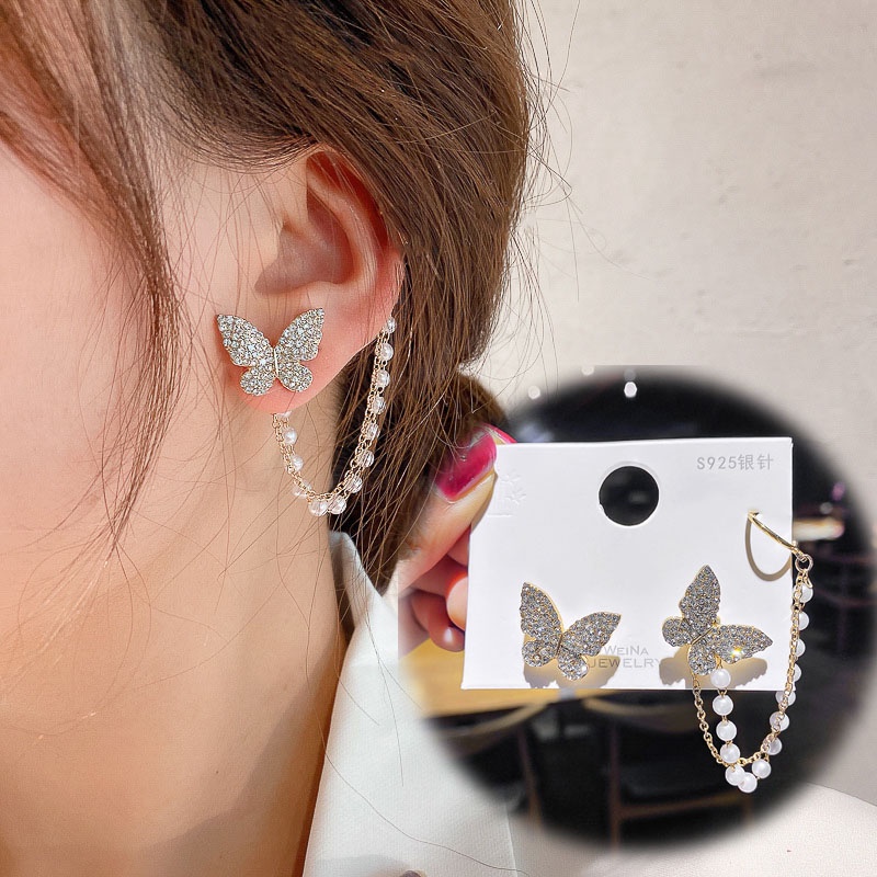 Anting Stud Desain Kupu-Kupu Asimetris Hias Mutiara Berlian Gaya Korea Untuk Wanita