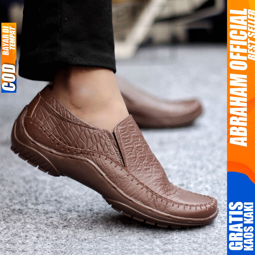 Sepatu Casual Pria Formal Slip On Pantofel Kulit Asli Kerja Kantor Kondangan Kuliah Hitam Fashion Shoes Terbaru Murah Kekinian Original CROCO ABRAHAM