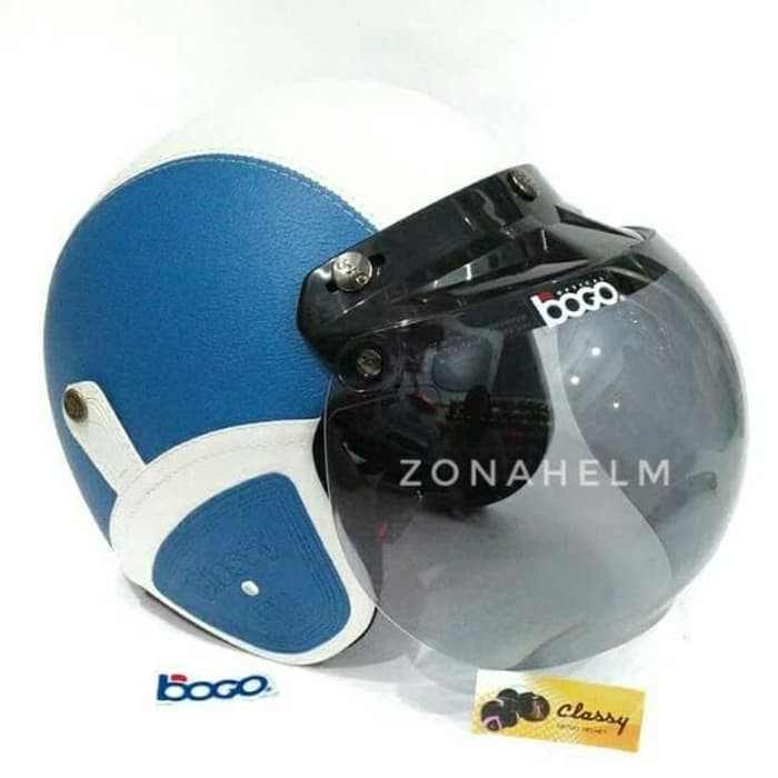 Helm klasik kulit biru putih SNI- kaca bogo ASLI ORI BONUS SARUNG HELM