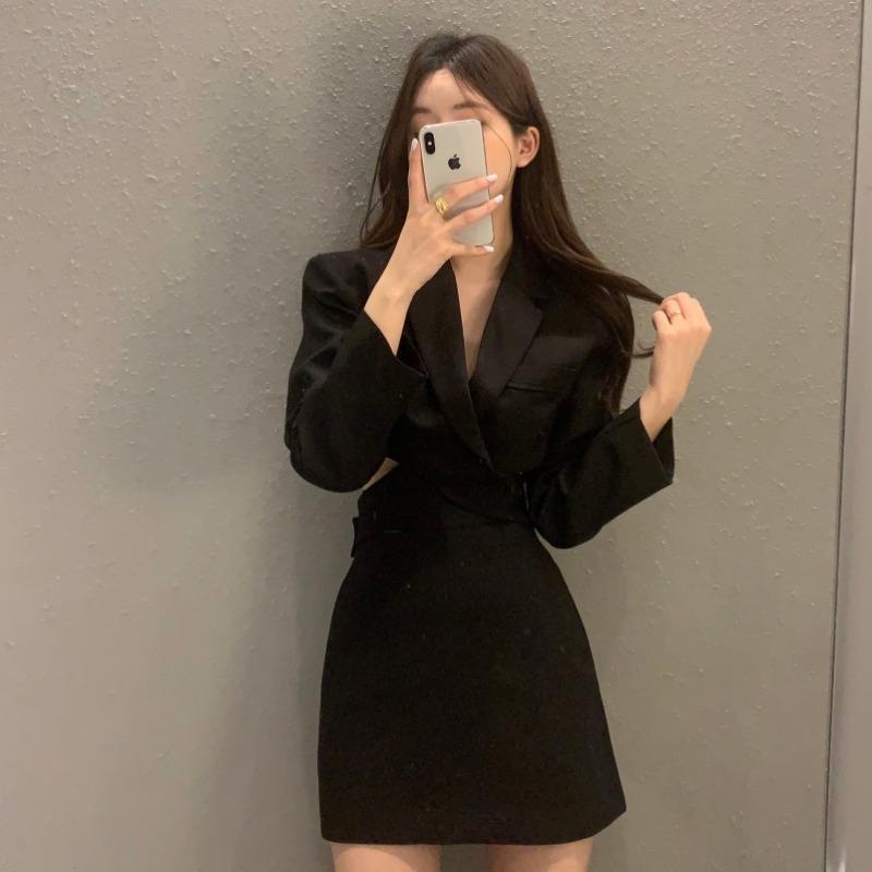 Suhao Korea Chic Awal Musim Gugur Musim Gugur kerah Perancis Lengan Panjang Setelan Atasan + High-Wist A-line Rok Setengah Set