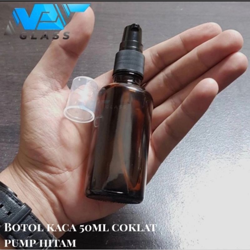 botol kaca 50ml pump / botol treatment pump 50ml kaca amber