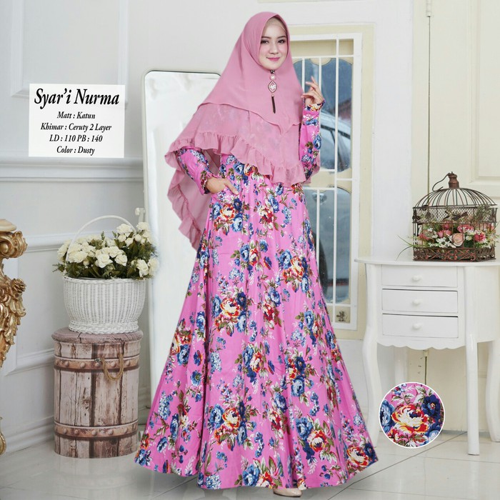 Gamis Syari Baju Muslimah Motif Bunga 2 Shopee Indonesia