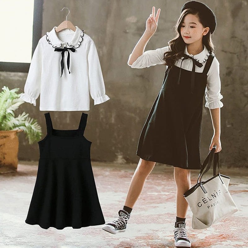 Setelan Overall Dress Anak Perempuan Western Black And White