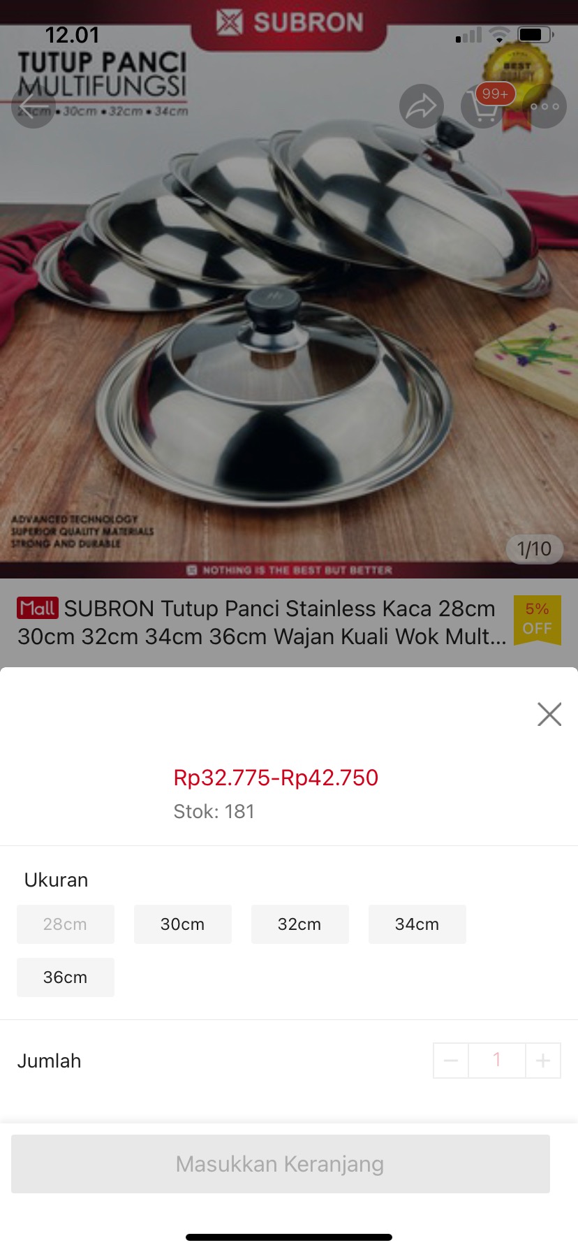 Subron Tutup Panci Stainless Kaca 28cm 30cm 32cm 34cm 36cm Wajan Kuali Wok Multifungsi Baskom