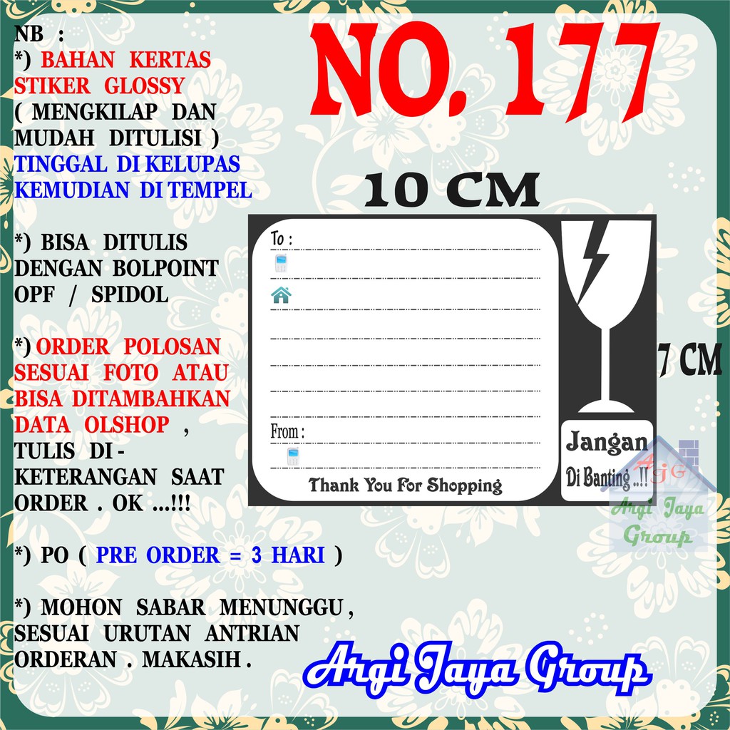 

Stiker Pengiriman - Sticker Alamat Olshop Murah Nomer 177 - 10x7 cm - Glossy