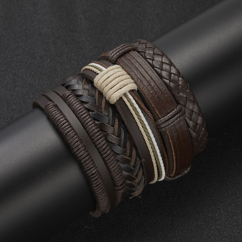 Men's Multilayer Braided Bracelet Feather Dot Cross Wrap Bracelet Leather Combination Bracelet Set