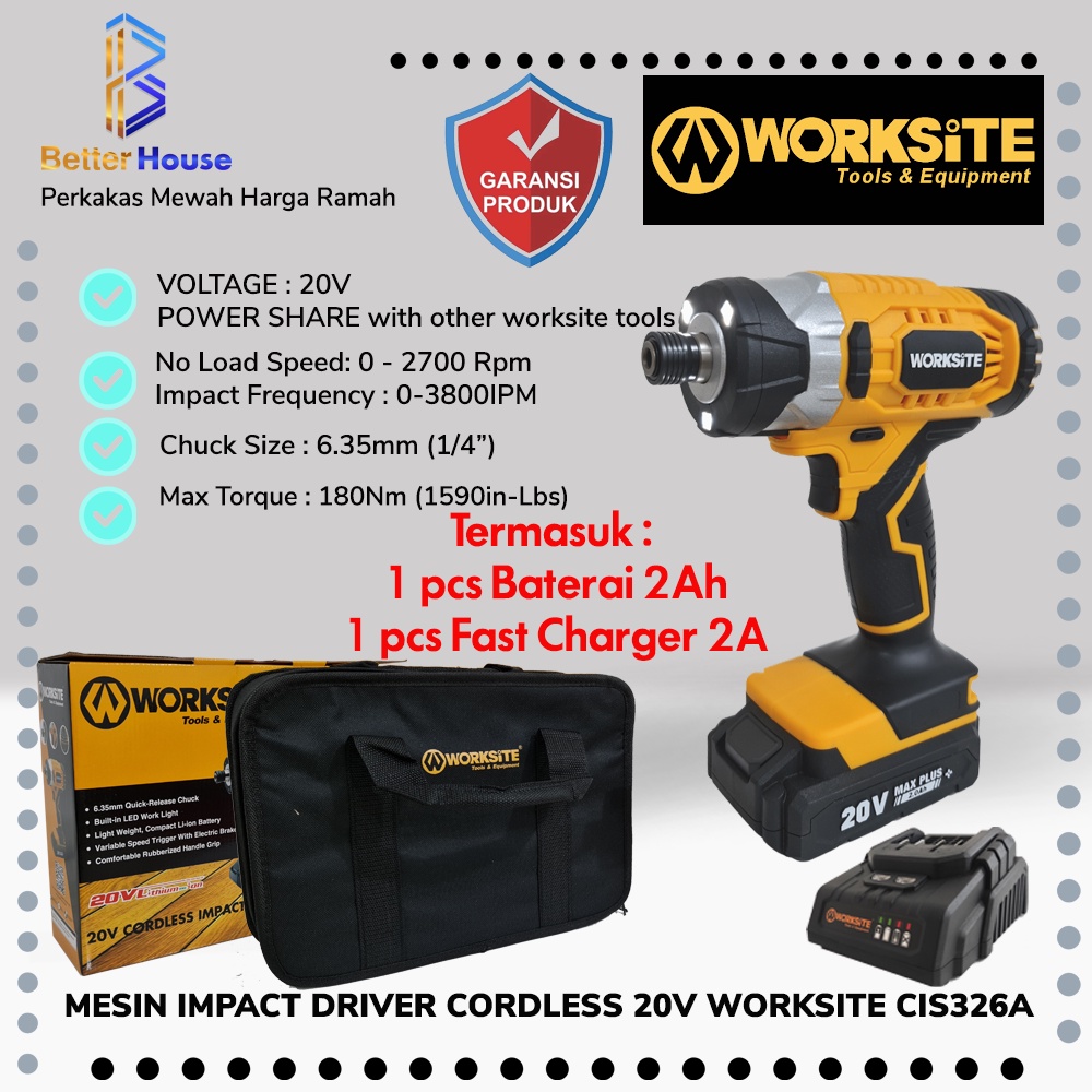 Mesin Impact Driver Cordless 20V Mesin Bor Sekrup WORKSITE CIS326A Baterai Charger 2A