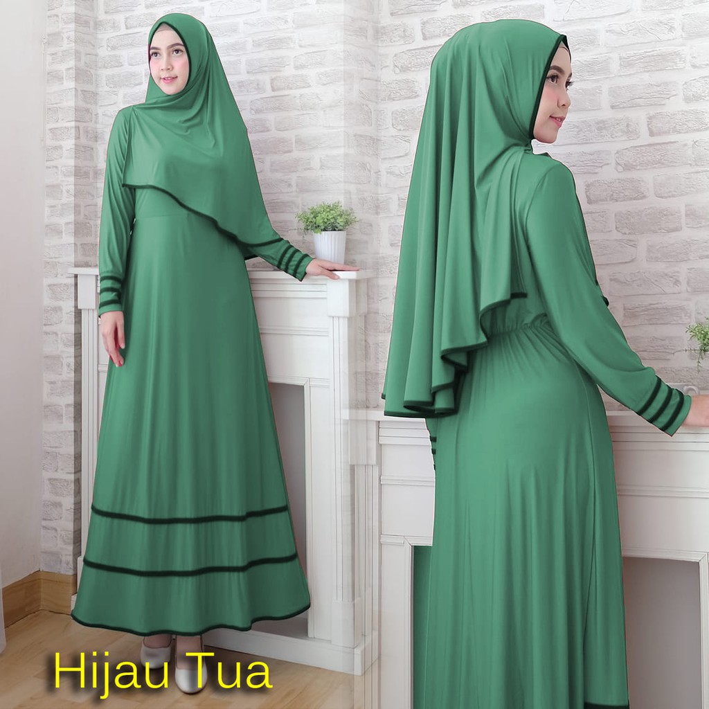 Syfarose gamis syari 1 set 20 warna ( dapat jilbab ) baju muslim / busana Size L & XL-Hijau Tua